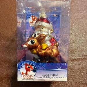 Kurt Adler Glass Rudolph Red Nose Reindeer Santa Ornament Hand Crafted
